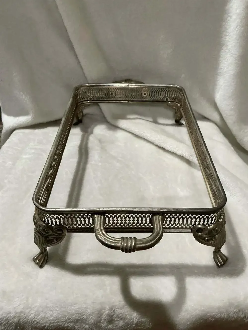 VTG Silverplate Gallery Casserole Dish Holder w/Pierced Design & Footed Base